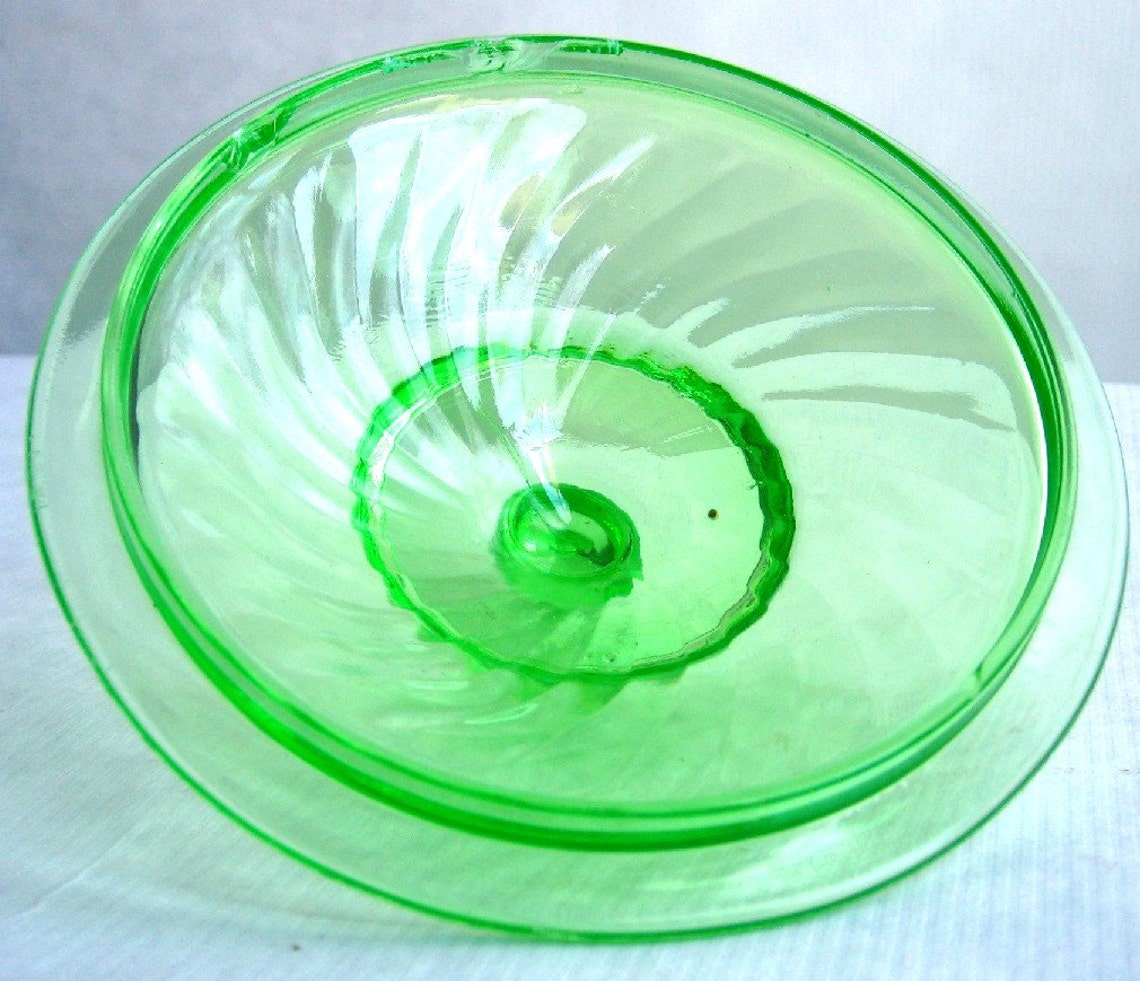 Antique Green Vaseline Depression Glass Candy Dish With Lid Etsy