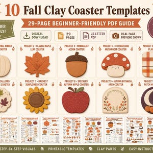 Op de afbeelding: Een digitale PDF-gids van 29 pagina's genaamd 10 Fall Clay Coaster Templates met stapsgewijze instructies voor het maken van tien herfstachtige onderzetters, waaronder ontwerpen van pompoenen, esdoornbladeren, eikels, paddenstoelen en appels.