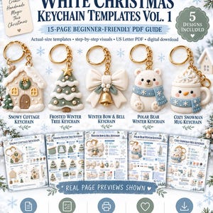 Pode incluir: Um guia digital em PDF de 15 páginas para modelos de chaveiros de Natal branco com cinco designs: chalé nevado, árvore de inverno geada, laço e sino de inverno, urso polar e caneca de boneco de neve. Inclui modelos e visuais passo a passo.
