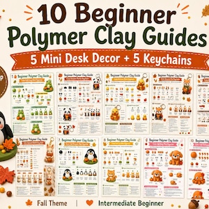 Höstguidepaket med polymerlera | 10 handledningar för nybörjare | Mallar för höstnyckelringar och miniskrivbordsdekorationer | Utskrivbar PDF-mall
