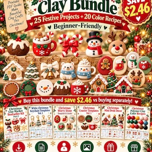 May include: A Christmas Clay Bundle digital product advertisement featuring 25 festive projects and 20 color recipes. The image displays various clay ornaments, keychains, and figurines including snowmen, reindeer, and mugs.