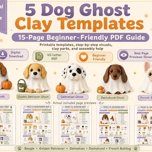 Könnte beinhalten: Ein 15-seitiger digitaler PDF-Leitfaden zum Basteln von fünf Hunde-Geister-Tonfiguren, darunter Beagle, Golden Retriever, Dalmatiner, Dackel und Französische Bulldogge, mit druckbaren Vorlagen, Schritt-für-Schritt-Bildern und Anleitungen.