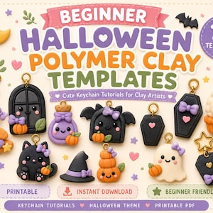 Op de afbeelding: Een digitale gids getiteld BEGINNER HALLOWEEN POLYMER CLAY TEMPLATES met 10 sjablonen voor sleutelhanger-tutorials. De afbeelding toont diverse klei-bedels, waaronder een zwarte kat, een spookje, een pompoen, een vleermuis en een doodskist.