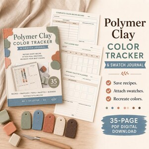 May include: A Polymer Clay Color Tracker & Swatch Journal with 35 pages, featuring printed recipe records, tint ladder tests, and palette planners. Includes small clay shapes in green, blue, terracotta, cream, and brown, plus a metal sculpting tool.