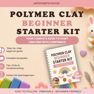 Könnte beinhalten: Ein Polymer-Ton-Starterset für Anfänger mit einem spiralgebundenen 50-seitigen Handbuch, Modellierwerkzeugen mit rosa Griffen und einer kleinen weißen Hasenfigur mit Karotte. Der Text lautet Polymer Clay Beginner Starter Kit.