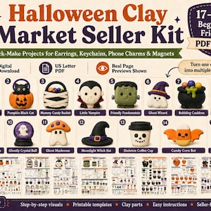 May include: A digital Halloween Clay Market Seller Kit PDF guide featuring 15 clay projects including a ghost, pumpkin cat, mummy bucket, vampire, Frankenstein, wizard, cauldron, heart, house, crystal ball, mushroom, hat, cup, bat, and potion bottle.