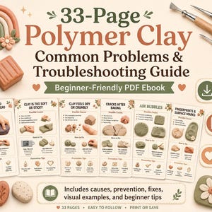 Op de afbeelding: Een 33-pagina tellende gids voor het oplossen van problemen met polymeerklei in PDF-formaat. Het digitale e-boek bevat secties over veelvoorkomende problemen zoals hardheid, kleverigheid, droogheid, barsten, luchtbellen en oppervlaktemarkeringen.