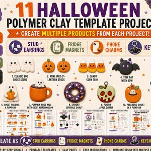 Puede incluir: Una guía de descarga digital titulada 11 Halloween Polymer Clay Template Projects con 32 páginas de instrucciones. La imagen muestra 11 diseños de arcilla que incluyen fantasmas, calabazas, dulces de maíz, un murciélago, una flor y un donut.