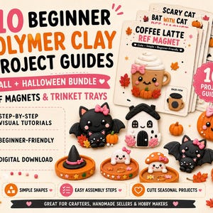 Handleidingen voor beginnersprojecten met polymeerklei | 10 herfst- en Halloween-klei-tutorials | Digitale bundel met koelkastmagneet en sieradenbakje | Handgemaakt cadeau