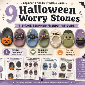 May include: A 115-page beginner-friendly printable PDF guide for creating 9 Halloween worry stones. The image displays nine oval-shaped worry stones featuring a ghost, pumpkin, black cat, bat, witch hat, mummy, Frankenstein, cauldron, and candy corn.