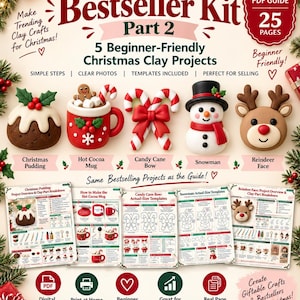 Könnte beinhalten: Ein digitaler PDF-Leitfaden mit dem Titel Christmas Clay Market Bestseller Kit Part 2, der 5 Tonprojekte zeigt: Pudding, Kakaotasse, Zuckerstangenschleife, Schneemann und Rentier. Enthält Vorlagen, 25 Seiten und ein Format von 21,6 x 27,9 cm.