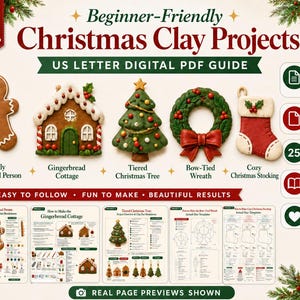 以下が含まれることがあります： 「Beginner-Friendly Christmas Clay Projects」と題されたデジタルPDFガイド。ジンジャーブレッドマン、コテージ、クリスマスツリー、リース、ストッキングの5つの粘土オーナメントが掲載されています。テンプレートとステップバイステップの図解を含む25ページ構成です。