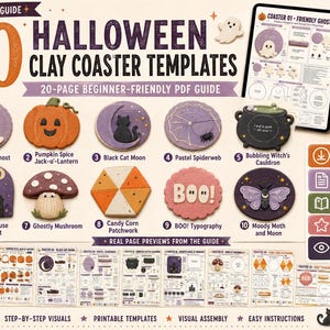 Mallar för Halloween-underlägg, PDF-guide för polymerlera, 10 höstmönster för nybörjare, utskrivbara, digital nedladdning