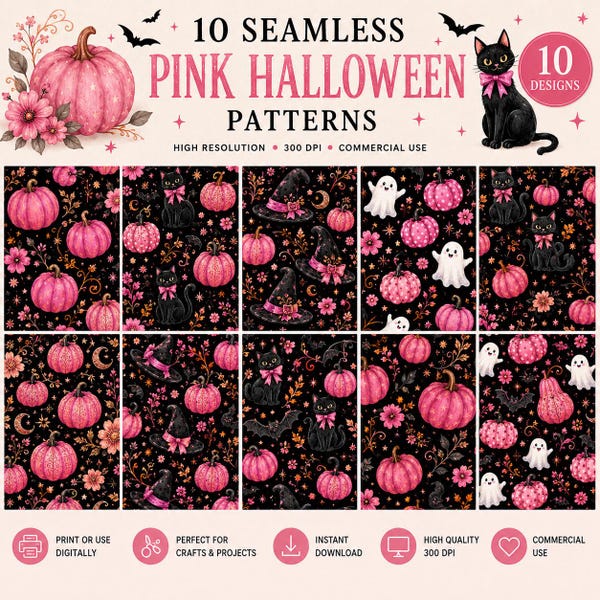 Pink Halloween Digital Paper Bundle | 10 Seamless 12x12 PNG Patterns | 300 DPI Scrapbook Paper for Sublimation & Crafts