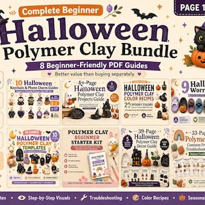 Könnte beinhalten: Ein digitales Halloween-Polymer-Ton-Paket mit 8 anfängerfreundlichen PDF-Anleitungen. Die Grafik enthält Text wie Complete Beginner Halloween Polymer Clay Bundle, Page 1 of 10, sowie verschiedene Projektvorschauen wie Schlüsselanhänger und Dekorationen.