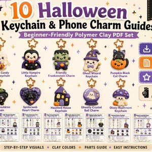 Puede incluir: Una guía digital en PDF con 10 proyectos de llaveros y dijes para teléfono de arcilla polimérica con temática de Halloween. El conjunto incluye instrucciones para una momia, vampiro, Frankenstein, fantasma, gato negro, caldero, telaraña y más.