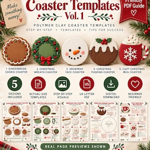 Puede incluir: Una guía digital en PDF de 15 páginas con plantillas para posavasos navideños de arcilla polimérica. Incluye cinco diseños: galleta de jengibre, corona verde, cara de muñeco de nieve, pudin navideño y taza roja con instrucciones.