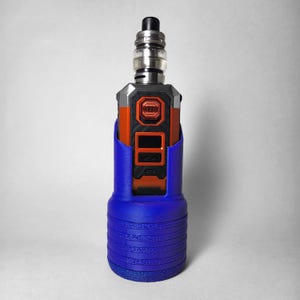 May include: A blue silicone case for an orange and black electronic cigarette with a silver atomizer.