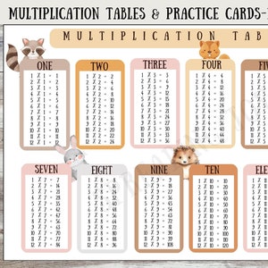Tabelas de multiplicação e cartões de prática de multiplicação - Download digital - Design de animal fofo da floresta