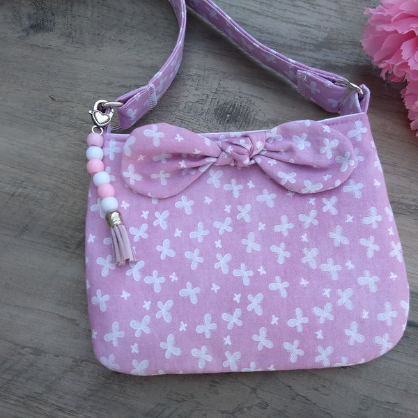 girls purse, crossbody bag, fabric shoulder bag, hand bag, birthday gift, light purple n white crossbody purse, ready to ship, made in USA