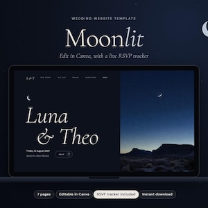 May include: A digital wedding website template titled Moonlit displayed on a laptop screen. The design features a dark navy background with white serif typography reading Luna & Theo, Friday, 13 August 2027, and a night landscape photograph.