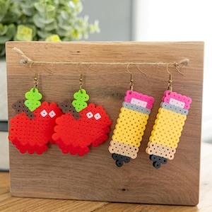 Classroom Earrings / Perler Earrings / Apple Earrings / Pencil Earrings / Fruit Earrings / Earrings / Craft Jewelry / Gifts for Teachers