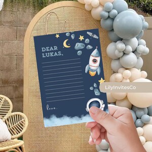 Tarjetas de cápsula del tiempo de astronauta, fiesta temática espacial para primer cumpleaños, caja de cápsula del tiempo, fiesta espacial exterior, mensaje de cápsula del tiempo para bebé, letrero para primer cumpleaños