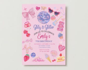 May include: Pink birthday invitation with a glittery design. The invitation features a disco ball, a pink bow, a pink heart, a pink cupcake, a pink ice cream cone, and the text "Glitz & Glitter Join us to celebrate Emily's 7th Birthday".