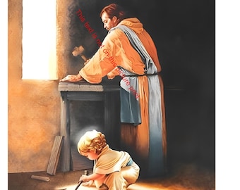 Destiny Young Boy Jesus as a Child in Joseph's Carpenter Shop Jesus Christ Print, Baby Jesus Christian Catholic Innocence Wall Art 424C