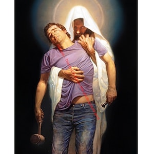 May include: A religious painting depicts a figure in white robes embracing a man in a purple shirt and blue jeans. The man is being supported by the figure, who has a halo. A hammer is held in the man's hand.