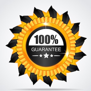 May include: A gold and black guarantee badge with the text "100% GUARANTEE". The badge has a starburst design with black and yellow stripes and a gold ribbon border. Three white stars are below the word "GUARANTEE".