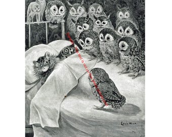 Cat Nightmare Kitten Owl Vintage Photo Print Black White Wall Art Sleeping Feline Bird Fantasy Cute Animal Poster Collectible Portrait 5329