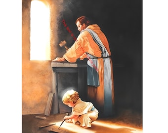 Destiny Young Boy Jesus as a Child in Joseph's Carpenter Shop - Jesus Christ Print, Baby Jesus Christian Catholic Innocence Art 424C