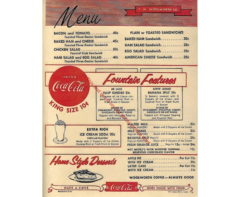 F.W Woolworth Lunch Counter Cafe Menu Vintage Restaurant Menu Retro ...
