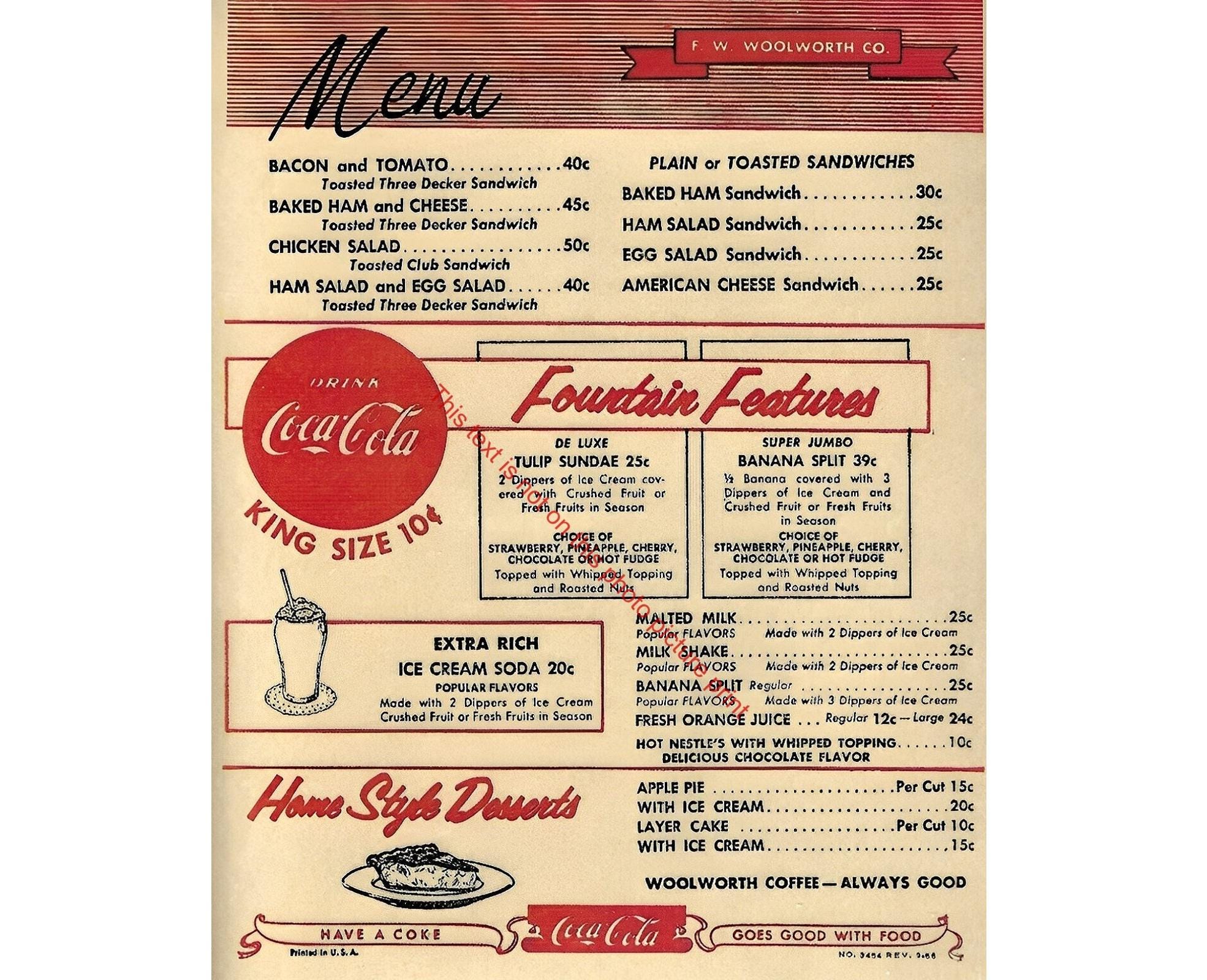 F.W Woolworth Lunch Counter Cafe Menu Vintage Restaurant Menu