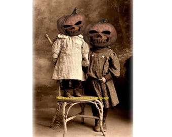 Vintage Halloween Creepy Children Pumpkin Head Costume Freak Scary Kids Mask Vintage Kids Photo Spooky Occult Freaky Picture Print C49