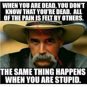 May include: Image with text: "WHEN YOU ARE DEAD, YOU DON'T KNOW THAT YOU'RE DEAD. ALL OF THE PAIN IS FELT BY OTHERS. THE SAME THING HAPPENS WHEN YOU ARE STUPID." The image features a man wearing a cowboy hat.