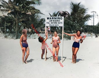 Miami Beach 1930s Young Women in Swimsuit Making Fun of Sign Photo Law Requires Full Bathing Suits Vintage Print Wall Art Decor 114C