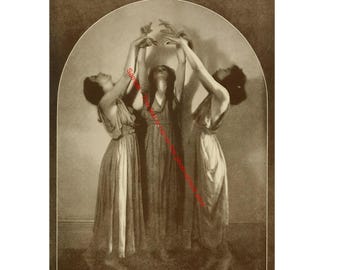 Three Witches Dancing Witchcraft Print Halloween Psychic Witch Wiccan Vintage Photo Black White Magic Weird Scary Poster Collectible 162C