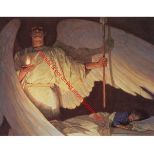 May include: A painting depicts a guardian angel with large white wings, holding a lit candle and a staff, watching over a sleeping child. The angel is dressed in white robes, and the child is in a bed.