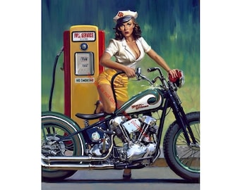 Harley Davidson Motorcycle Man Cave Pinup Girl Vintage Photo American Gift for Biker Motorcycle Lover Enthusiast Wall Art Print 3037