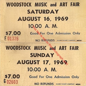 Woodstock Concert Tickets August 16, 1969 Music Festival Concert Rare Vintage Print Collectors Photo Poster 278C