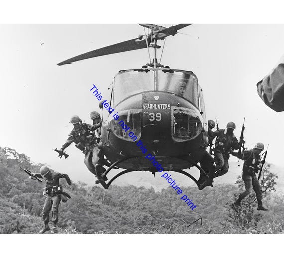 Vietnam War Photo US Soldiers Jumping from Huey Helicopter Vintage Photo Soldier Photograph Old Military Print Poster B&W Image 104C