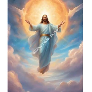 May include: A painting of Jesus Christ ascending into heaven with two white doves flying above him. He is wearing a white robe and has long brown hair and a beard. The background is a blue sky with white clouds.