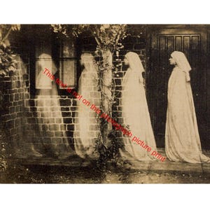May include: Vintage sepia-toned photograph depicting three figures in flowing white garments, appearing ghostly, near a brick wall and doorway. The image evokes a sense of mystery and the supernatural.