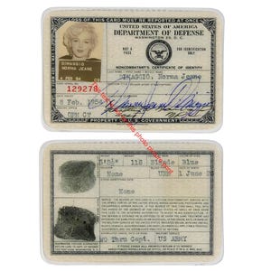 May include: Two-sided document, a Noncombatant's Certificate of Identity, issued by the U.S. Department of Defense. The top side features a photo of a blonde woman, the name "Norma Jeane DiMaggio", and the date "4 Feb 54". The bottom side includes fingerprints and personal details.