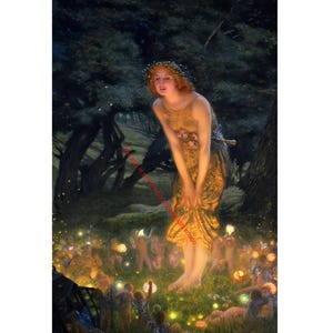 May include: A painting depicting a woman in a golden dress and a floral crown, standing in a forest clearing. The scene is illuminated by soft, glowing lights, with figures in the background. The artwork evokes a mystical, ethereal atmosphere.
