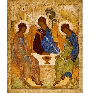 May include: An antique religious icon depicting three figures with halos, seated around a table. The figures wear robes in shades of blue, gold, and green. The background is a faded, aged beige.