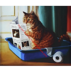 Katttron av Lucia Heffernan Katt som läser tidning i kattlådan Humoristisk bedårande retro charmig konstbild färgillustration tryck 431C