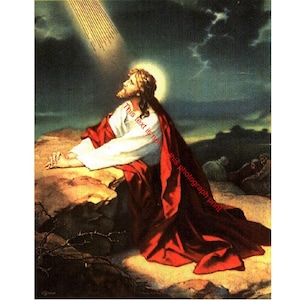May include: A religious painting depicts a figure in white and red robes, kneeling on a rocky surface. A halo surrounds the figure's head, and a beam of light shines down from above. The background features a dark sky and other figures.